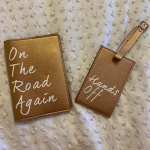 Gold Passport cover and matching luggage tag with “on the road again” script